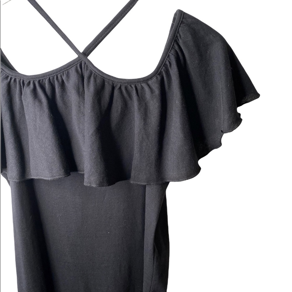 NWT Chaser Baby Rib Cold Shoulder Ruffle Sleeve Black Top Medium - Picture 2 of 6